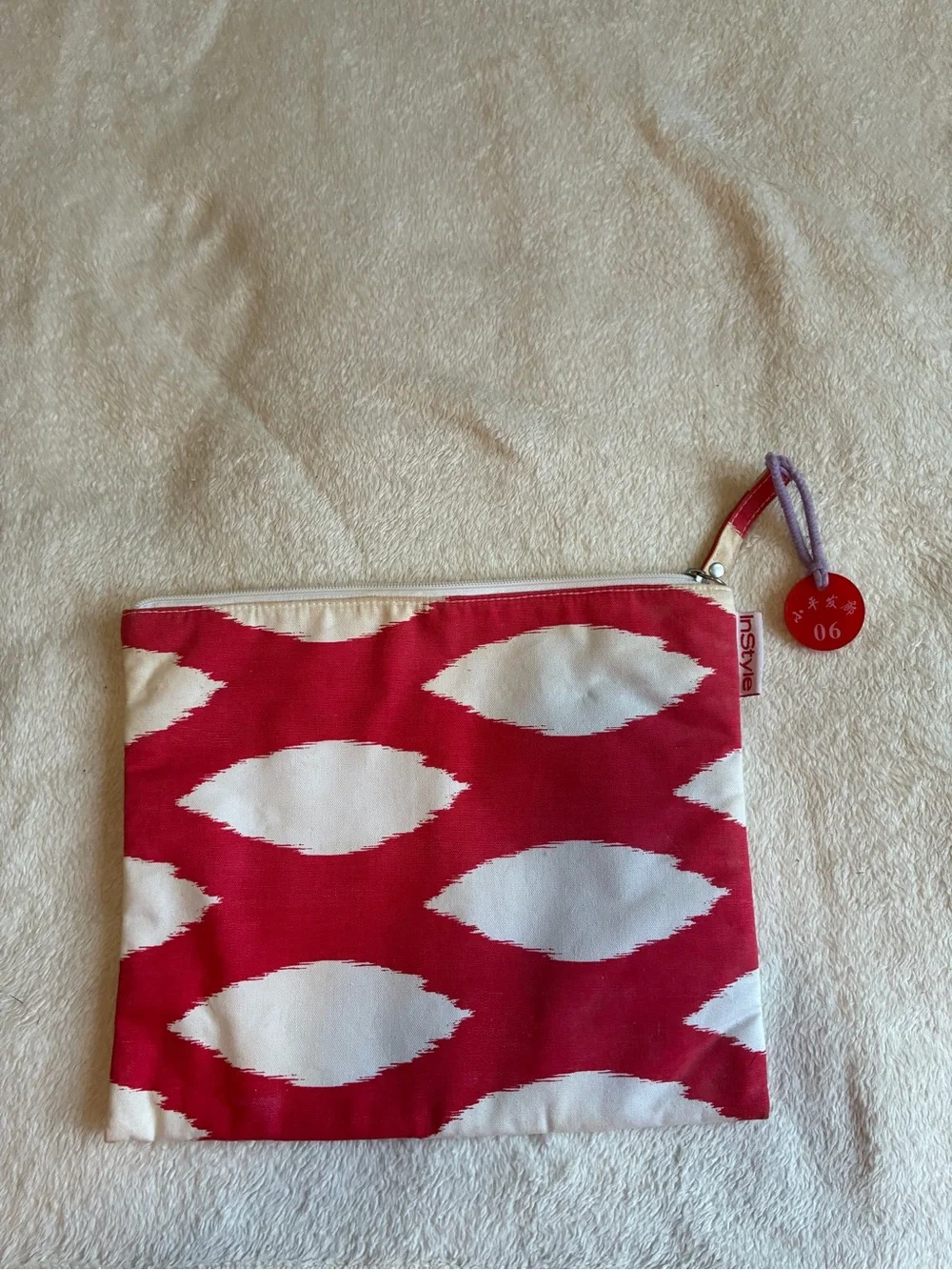 Red and White Ikat Canvas Zip Cosmetic Pouch